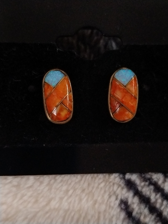 Jewelry - Orange and Turquoise Inlaid Stone Stud Earrings